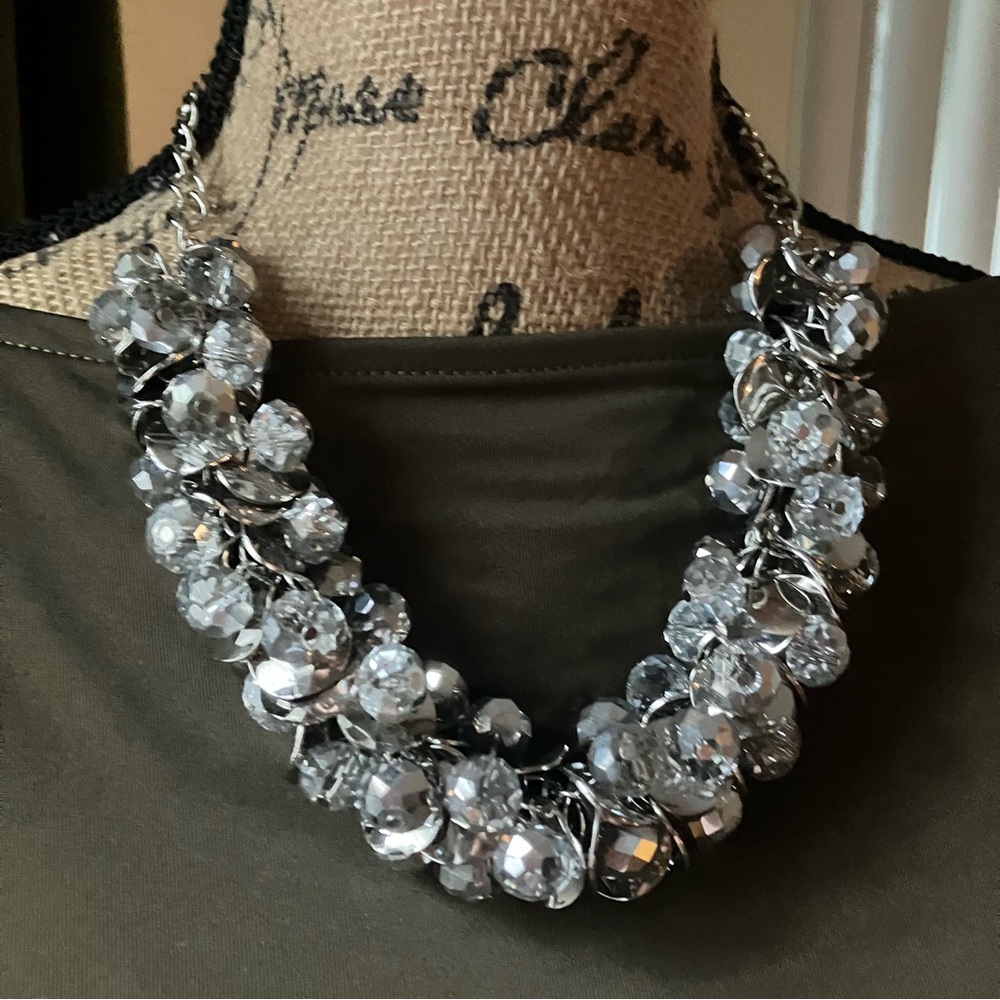 Bold silver metallic beaded necklace and earrings
